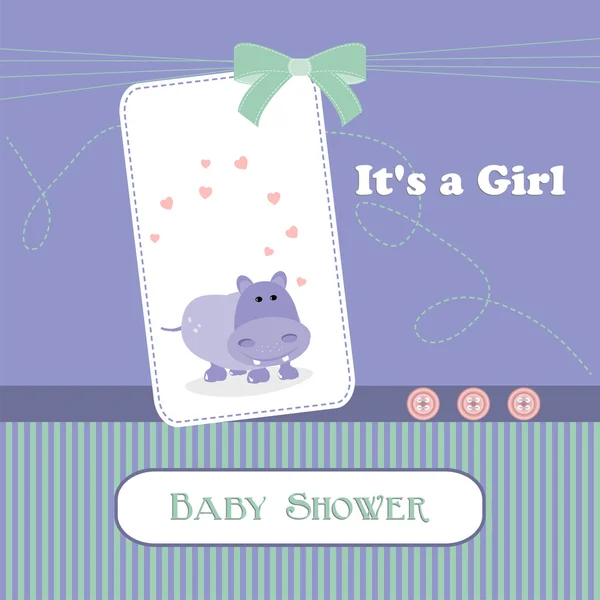 Baby shower card, for baby girl,Hemlock and Violet stripe background with hippo — Stock Vector