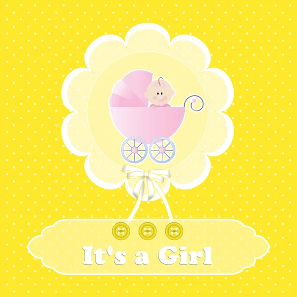 Baby shower card, for baby girl,yellow polka dot background with stroller Royalty Free Stock Illustrations