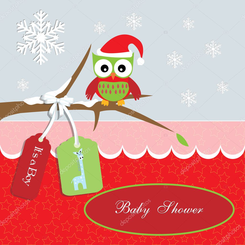 Baby Shower Card For Baby Boy Santa Owl And Star Background With