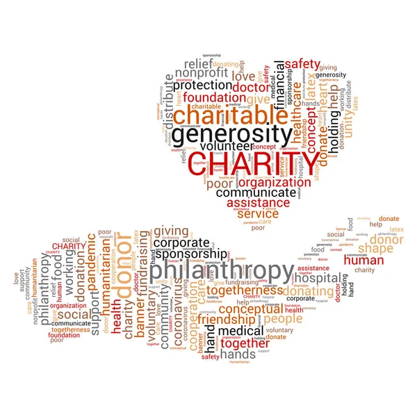 慈善一词云的概念带着爱心站在手边慈善的象征 — 图库矢量图片