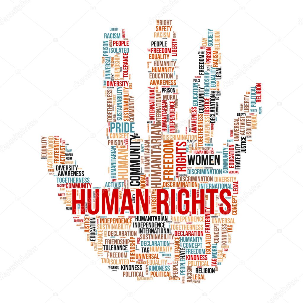 Human rights word cloud concept with hand symbol.