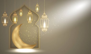 İslami selamlama, Ramazan Kareem, güzel hilal ay, fener ve kusursuz ışık efekti premium vektörlü bayram mobarok kartı tasarımı.