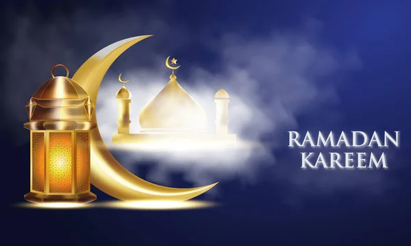 Ramadan Kareem Disegno Vettoriale Con Bella Luna Crescente Nube Lanterna — Vettoriale Stock