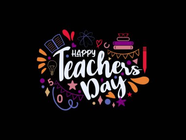 Dekoratif karalama ile Mutlu Öğretmenler Günü 'nün Renkli Kaligrafi harfi tasarımı. Kutlama kartları, afişler ve el ilanları için kutlama tasarımı.