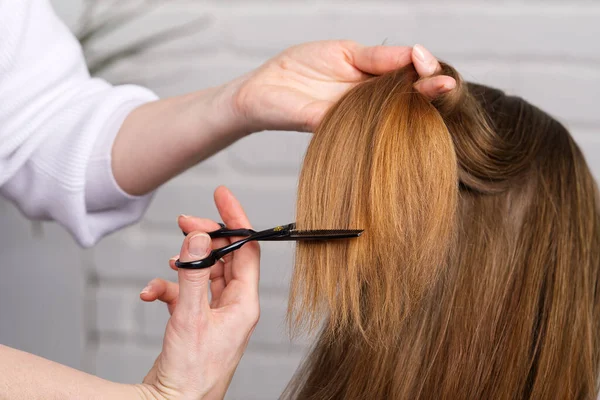 Cuidado del cabello de mujer. Peluquería haciendo peinado a la joven en el salón de belleza. — Foto de Stock