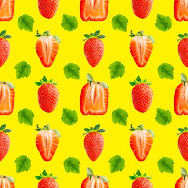 Taze, dikişsiz çilek deseni. Sarıya izole edilmiş olgun çilekler. Paket tasarım arka planı. Düşen çilek seçici odak.