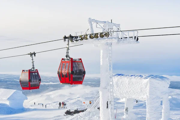 Ski Resort Sunny Day Red Cable Car Ski Resort Alps — Stock Photo, Image