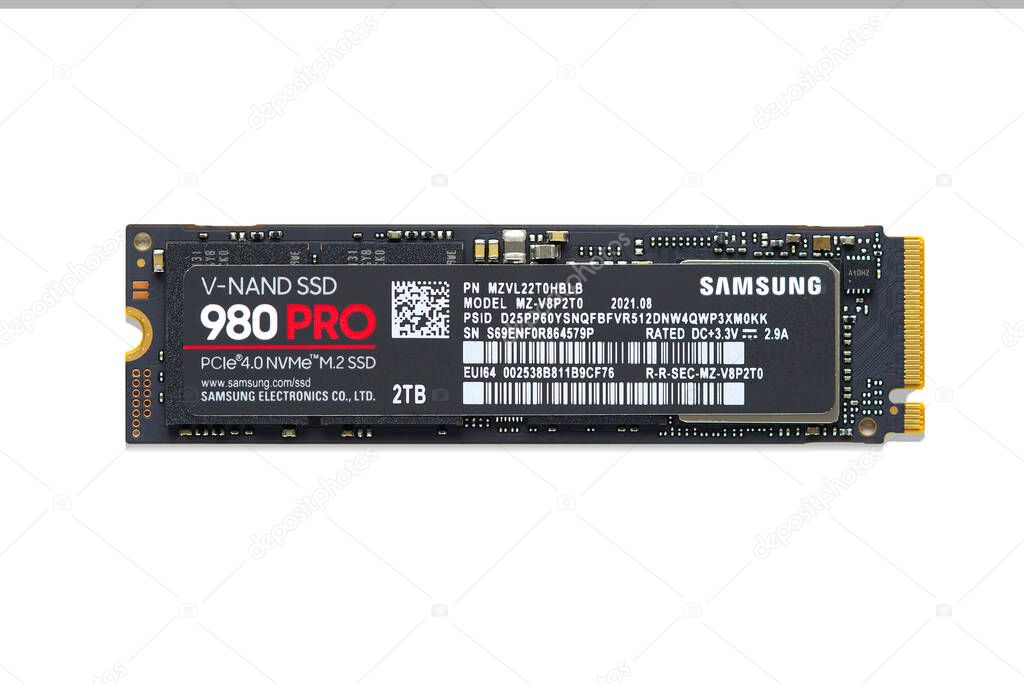Tallinn, Estonia - March, 2022: Samsung SSD 980 2TB PRO PCle 4.0 NVMe M.2 on white background.