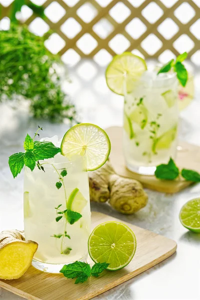 Ginger Ale oder Kombucha im Glas Hausgemachte Cocktail-Limette und Ingwer-Limonade. Indisches Getränk zur Erfrischung — Stockfoto