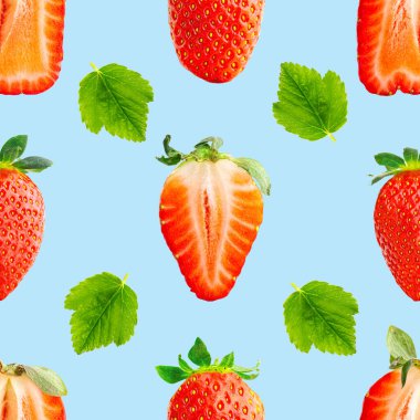 Çilek pürüzsüz desen. Olgun çilekler mavi üzerine izole edilmiş. paket tasarımı arkaplanı.