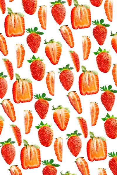 Bunte Hintergrund von Erdbeeren auf weißem Hintergrund. Draufsicht, flach - Banner legen — Stockfoto