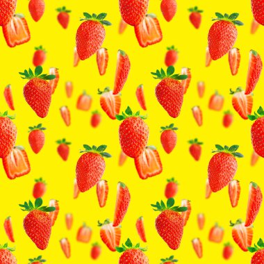 Çilek pürüzsüz desen. Sarıya izole edilmiş olgun çilekler. paket tasarımı arkaplanı.