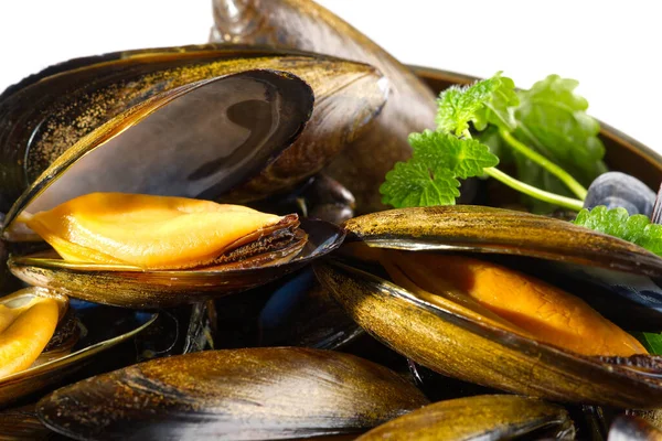 Piatto di crostacei. Piatti di pesce. Cozze in salsa. — Foto Stock