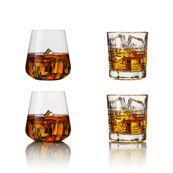 Whiskeygläser vorhanden. Collage-Gläser Whisky auf weißem Hintergrund. — Stockfoto