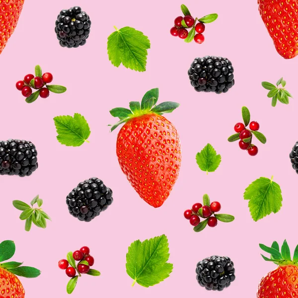 Falling berries seamless pattern isolated on pink background, different flying forest berries. — Stock Photo, Image