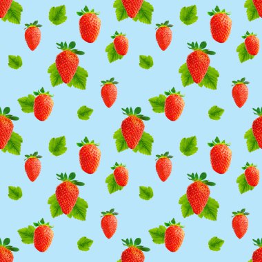 Çilek pürüzsüz desen. Olgun çilekler mavi üzerine izole edilmiş. paket tasarımı arkaplanı.