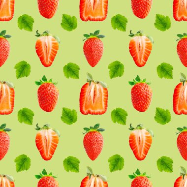 Çilek pürüzsüz desen. Yeşilde izole edilmiş olgun çilekler. paket tasarımı arkaplanı.