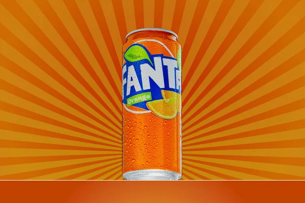 Tallinn, Estonia - May, 2022: Fanta can with water drops on modern background — стокове фото