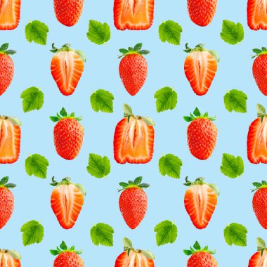 Çilek pürüzsüz desen. Olgun çilekler mavi üzerine izole edilmiş. paket tasarımı arkaplanı.