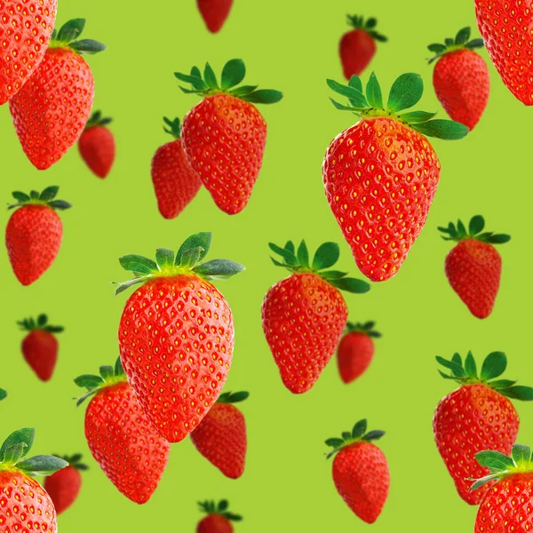 Fresh strawberry seamless pattern. Ripe strawberries isolated on green. Package design background. Falling strawberry selective focus.