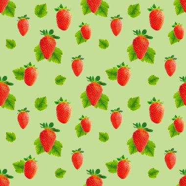 Taze, dikişsiz çilek deseni. Yeşilde izole edilmiş olgun çilekler. Paket tasarım arka planı. Düşen çilek seçici odak.