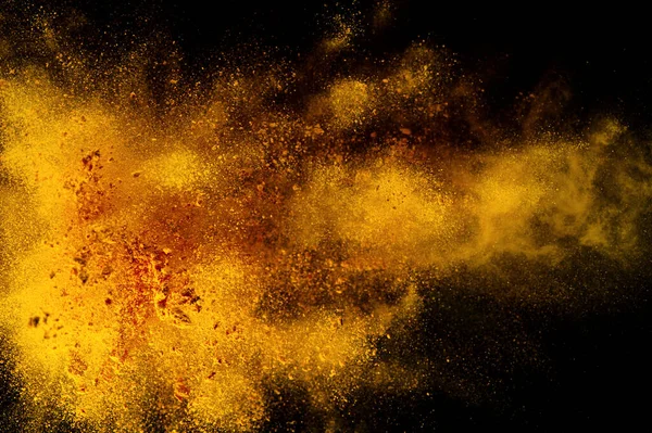 Explosion Splashes Turmeric Black Background India Seasoning Orange Powder Turmeric — Stock Photo, Image