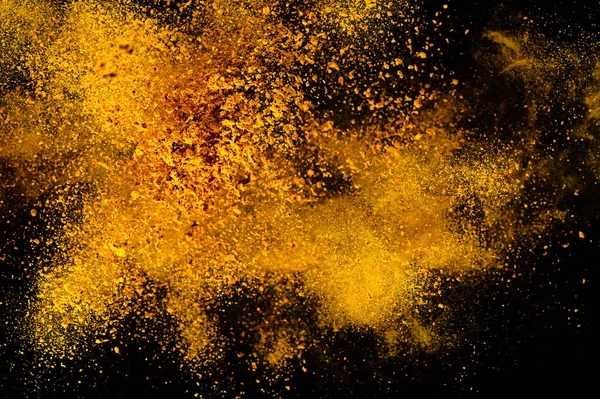 Esplosione Schizzi Curcuma Sfondo Nero Stagionatura Indiana Polvere Arancione Della — Foto Stock