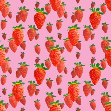 Taze, dikişsiz çilek deseni. Pembe üzerine izole edilmiş olgun çilekler. Paket tasarım arka planı. Düşen çilek seçici odak.