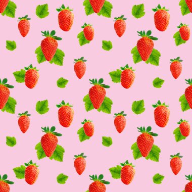 Taze, dikişsiz çilek deseni. Pembe üzerine izole edilmiş olgun çilekler. Paket tasarım arka planı. Düşen çilek seçici odak.