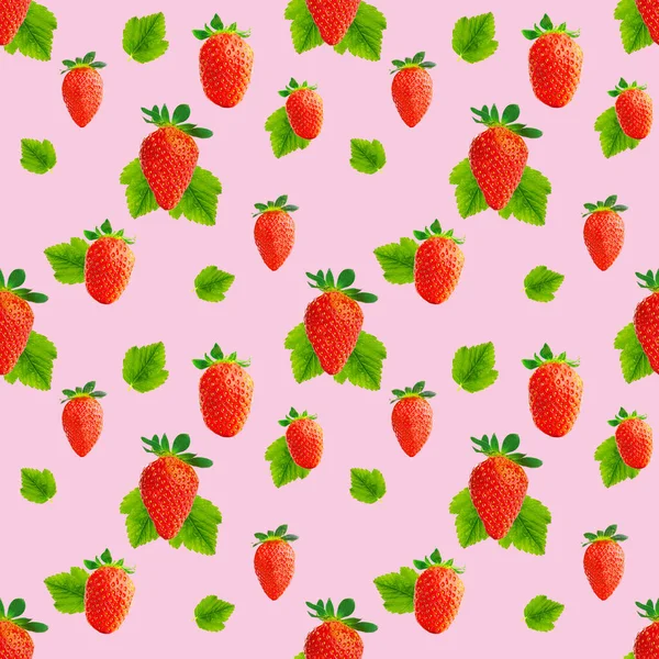 Fresh strawberry seamless pattern. Ripe strawberries isolated on pink. Package design background. Falling strawberry selective focus.