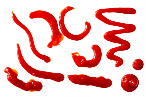 Set Ketchup Stains Tomato Sauce Red Spots Smears Drops Isolated — Stok fotoğraf