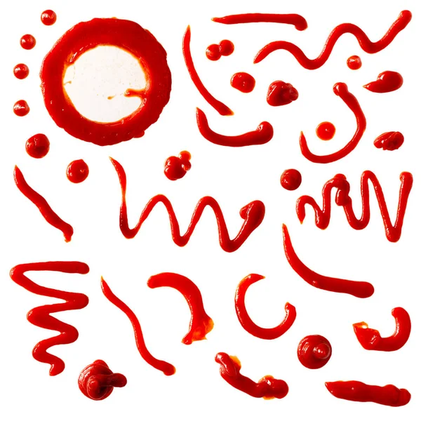Набір Плям Кетчупа Томатний Соус Червоні Плями Мазки Краплі Ізольовані — стокове фото