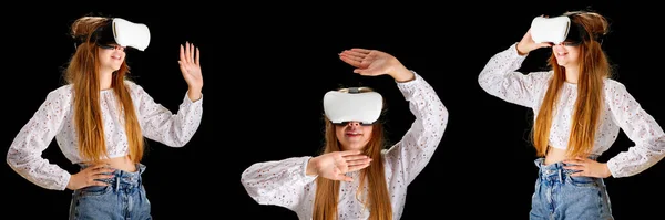 Gooles Girl Young Woman White Shirt Jeans Wearing Virtual Googles — Zdjęcie stockowe