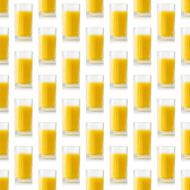Portakal suyu bardağının kusursuz deseni. Taze portakal suyu, mango ya da ananas. Beyaz arka planda pürüzsüz desenler var..