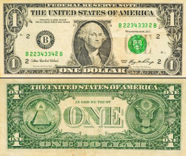 Large fragment of 1 one dollars bill banknote. Old American money banknote, vintage retro, United States of America. usd