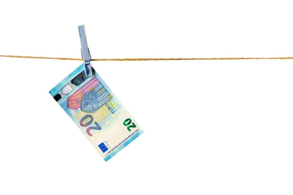 Euro Banknotes Hanging Clothesline White Background Euro Money Rope Isolated — 스톡 사진