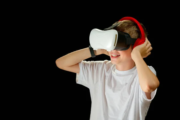 Teenager Use Modern Technologies Entertainment Education Kid Glasses Black Background — Foto Stock