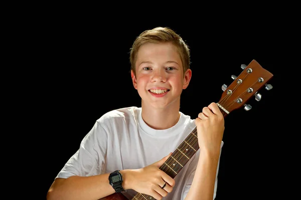 Happy Boy Playing Acoustic Guitar Teenager Boy Classic Wooden Guitar — Stok fotoğraf