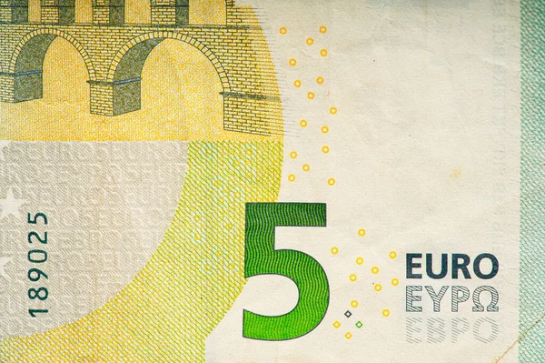 Fragment Five Euro Bill Euro Banknote Close Euro Official Currency — Fotografia de Stock