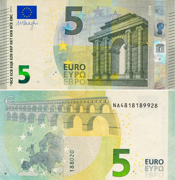 Ένα Χαρτονόμισμα Των Πέντε Κοντινό Πλάνο Τραπεζογραμματίων Των Ευρώ Ευρώ — Φωτογραφία Αρχείου