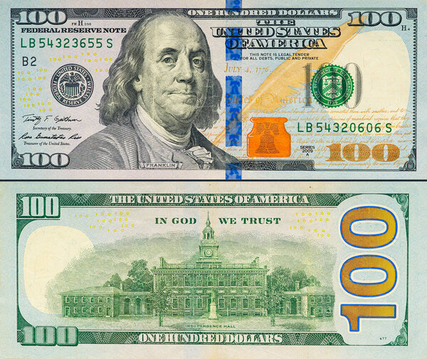 Large fragment of 100 hundred dollars bill banknote. Old American money banknote, vintage retro, United States of America. usd