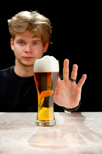 Alcohol Young Man Refuses Drink Beer Stop Drinking Say Alcohol — Stock Photo, Image