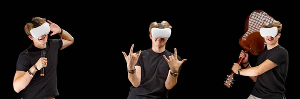 Portrait Young Man Virtual Reality Glasses Young Man Using White — Stock fotografie