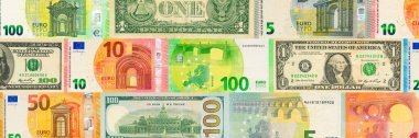 Euro and USD banknotes creative layout. Background of European banknotes and United States banknotes. euro and usd money of different denominations abstract background