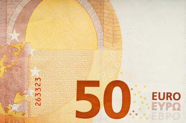 Fragment Fifty Euro Bill Euro Banknote Close Euro Official Currency — Fotografia de Stock