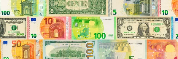 Δημιουργική Διάταξη Τραπεζογραμματίων Ευρώ Και Δολαρίων Ηπα Ιστορικό Των Ευρωπαϊκών — Φωτογραφία Αρχείου