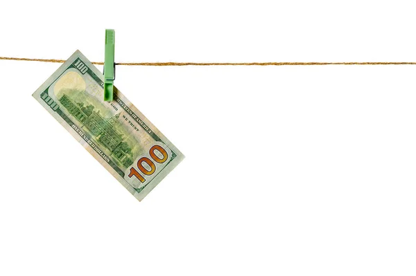 Money Laundering Dollar Banknotes Hanging Clothesline White Background Usd Laundering — Photo