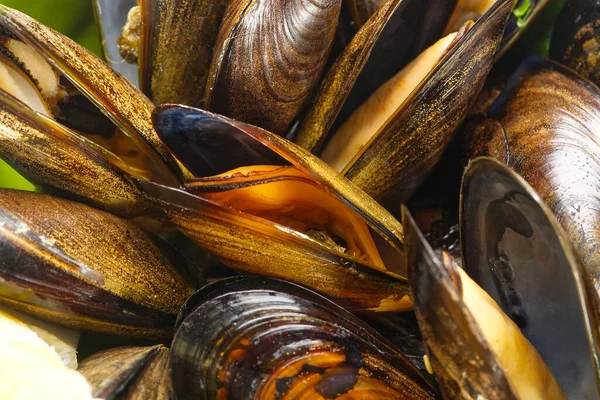 Cooked Mussels Lemon Parsley Table Served Mussels Ready Eat Seafood — Foto Stock