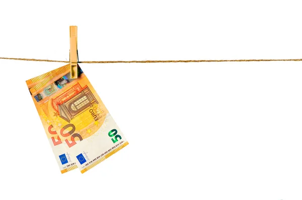 Τραπεζογραμμάτια Ευρώ Που Κρέμονται Μια Πετονιά Λευκό Φόντο Χρήματα Του — Φωτογραφία Αρχείου