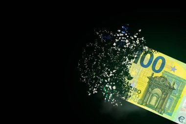 100 euro bills scattered in the air. money inflation concept. the disappearance of banknotes, hyperinflation. financial crash, euro banknotes, high living costs. clipart